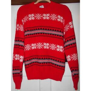 70s Vintage Christmas Sweater Mens L Red Snowflakes Print Holiday Fairisle Orlon